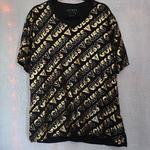 GUESS Men's Black and Gold Logo T-Shirt - Picture 1 of 4